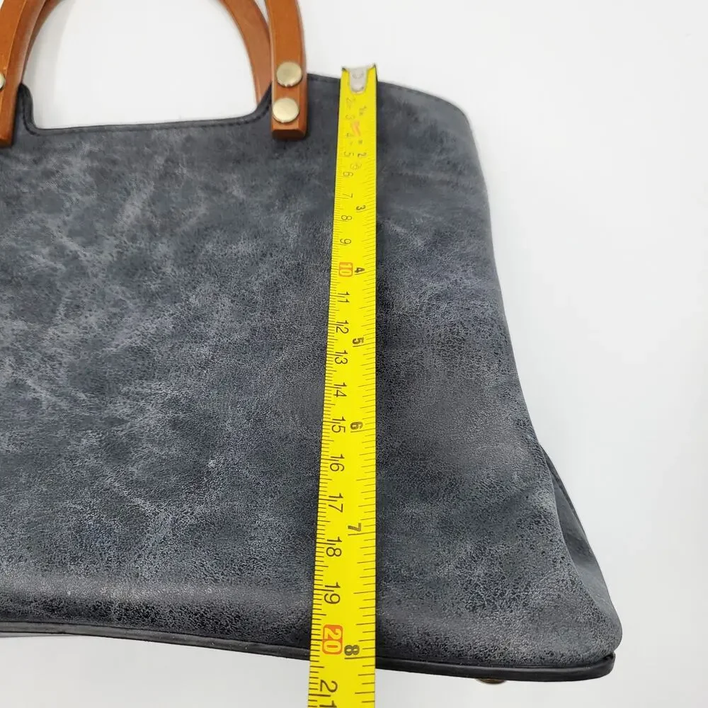 Joy Susan Angie Satchel Bag Carved Wooden Handles Black Vegan Leather Top Handle